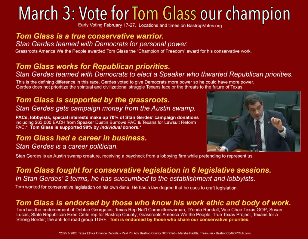 Tom Glass mailer sent by Bastrop County GOP Club